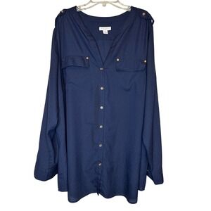 Charter Club Navy Blue Button Front Blouse Gold Button Long Sleeve Women Size 2X